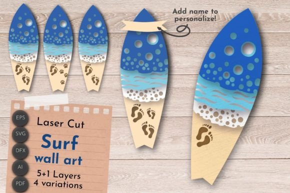 3D Layered Surf, Sea Wave, Flip Flop SVG for Laser Cutting Ornaments