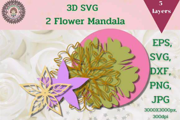 3D SVG 2 Flowers Mandala for Paper Flowers Branding