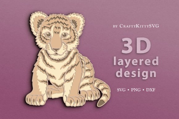 Baby Tiger 3D Layered SVG Cut File: A Playful Asset for Laser Cutting and Wall Decor