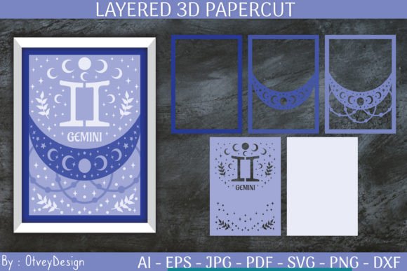 Gemini Zodiac Signs Celestial 3D SVG for Shadow Box Creations