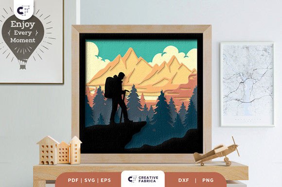 Mountain Hiker 3D Shadow Box Paper Cut: A Travel-Inspired SVG Asset for Creative Projects